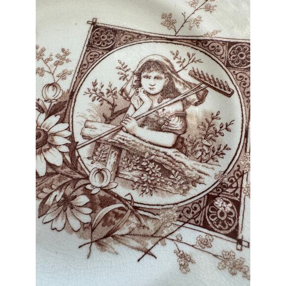Rare Vintage British Aesthetic Brown Transfer Ware Girl with Rake 8.5” Plate - Picture 10 of 10